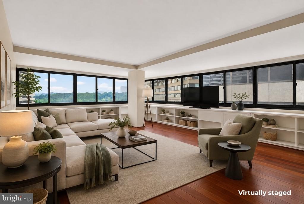 Living room of 2510 Virginia Avenue NW, Unit 504-N, Washington, DC, listed at $1,850,000, virtually staged